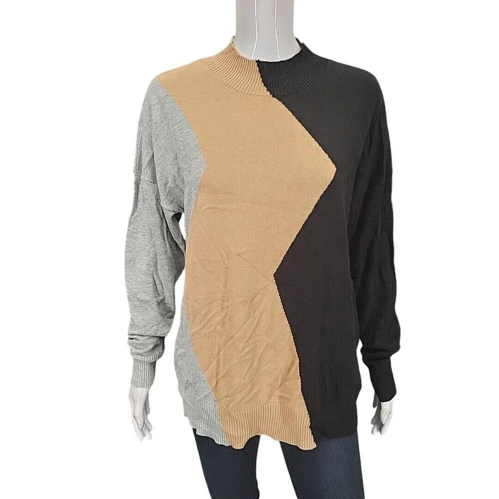 Belle by Kim Gravel Zig Zag Color Block Sweater Medium Size Black Beige Pullover